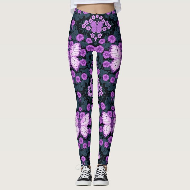 Legging Borboletas e simetria das flores, violeta e azul (Frente)