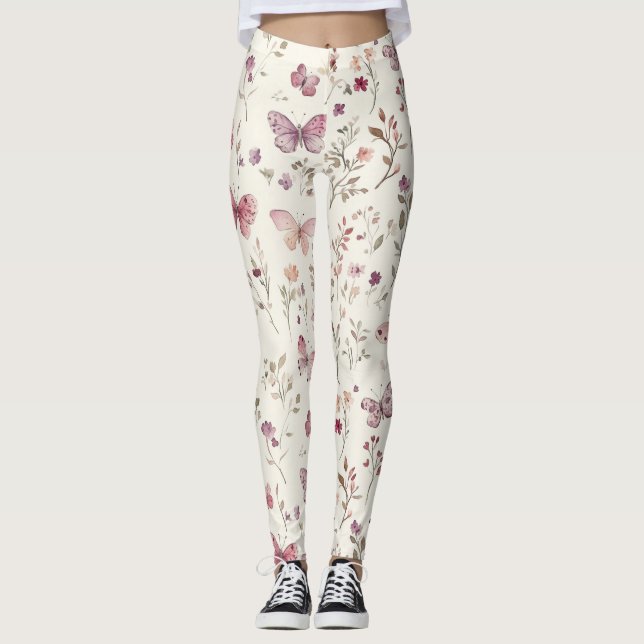 Legging Borboletas Florais de Creme Roxo (Frente)
