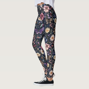 Legging Borboletas Florais Preto Roxo Amarelo Rosa