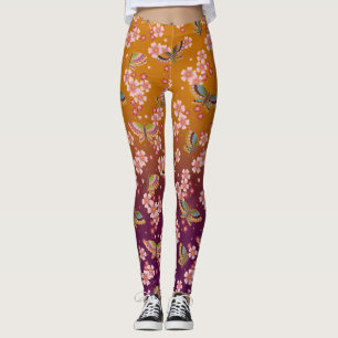 Legging Borboletas Japonesas Em Sakura Blooms Plum Dourado