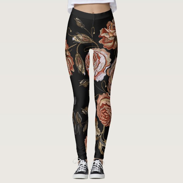Legging Bordado da safra: rosas a preto. (Frente)