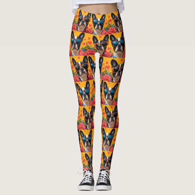 Legging Boston Terrier Com Rosas do Coração Dia dos Namora (Frente)