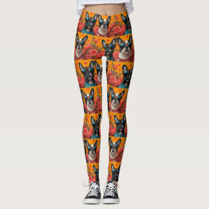Legging Boston Terrier Com Rosas Do Coração Dia Dos Namora