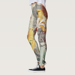 Legging Botânica Vintage de Pássaros Natureza Antiga Tropi