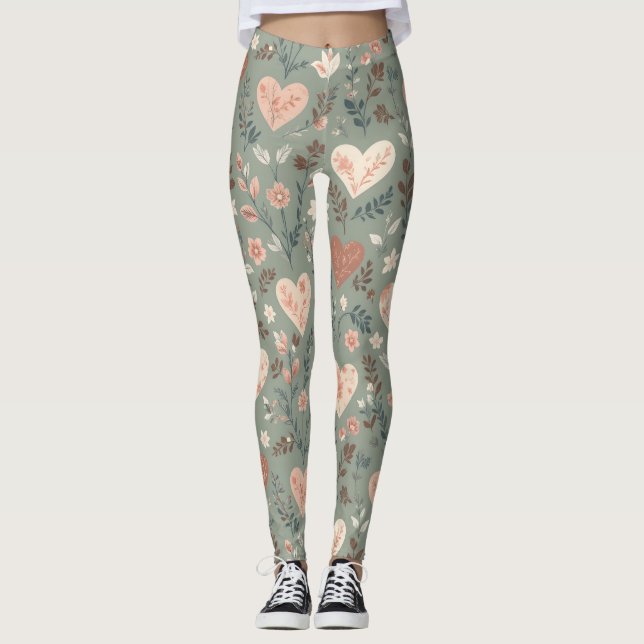Legging Botanical Hearts Romantic Floral Seamless Pattern  (Frente)