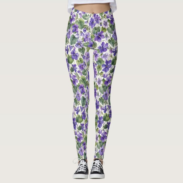 Legging Botânicas Violetas Delicadas Pintadas à Mão (Frente)