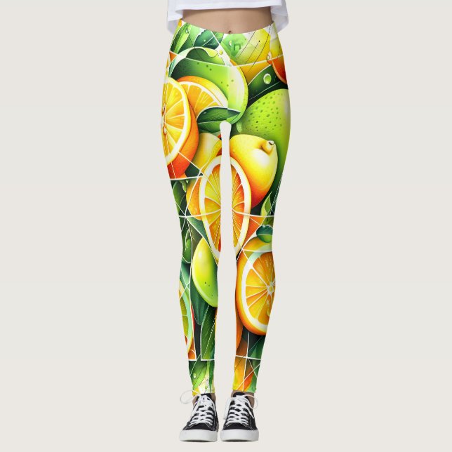 Legging Botânico de Limão Laranja Cítrico Geométrico (Frente)