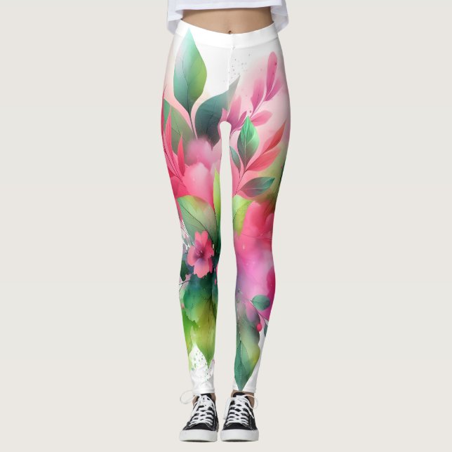 Legging Botânico Floral Aquarela Rosa Verde (Frente)