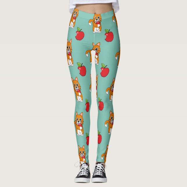 Legging Branca De Gato Branco, Comendo Maçã Vermelha (Frente)