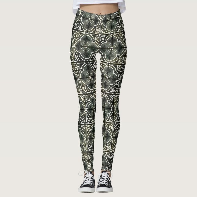 Legging Branca Negra Geométrica Francesa Fleur de Lis (Frente)
