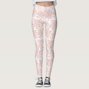 Legging Branco com Padrão de Lace Floral Rosa