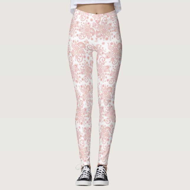 Legging Branco com Padrão de Lace Floral Rosa (Frente)