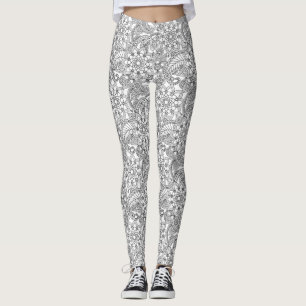 Legging Branco com Padrão Floral de rendas de Cinza Claro