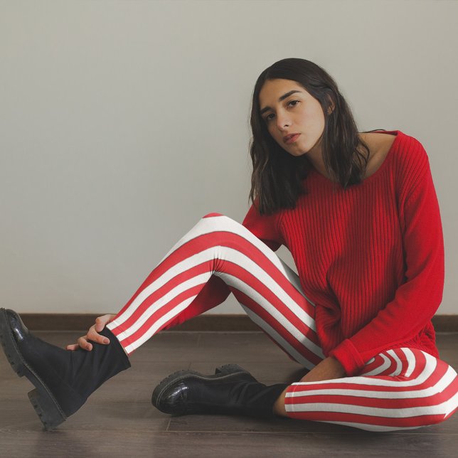 Legging Branco Simples, Branco Mínimo, Cuto, Estimulado (Whimsical red striped leggings.)