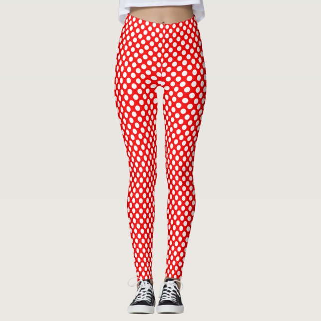 Legging Branco sobre Bolinhas de tamanho pequeno vermelho (Frente)