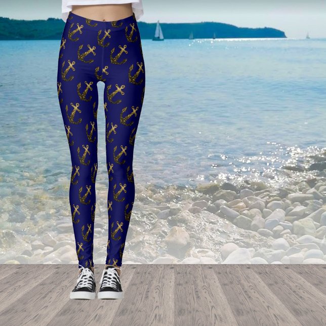 Legging Brilhante falso Dourado brilho Padrão de âncora ma (Stand out with our breathable sparkly anchor leggings in many different colors!)