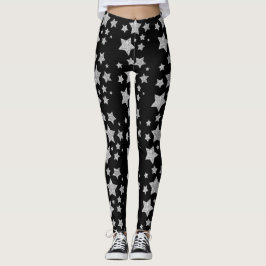 Legging Brilhante prateado brilha Estrelas padrão preto