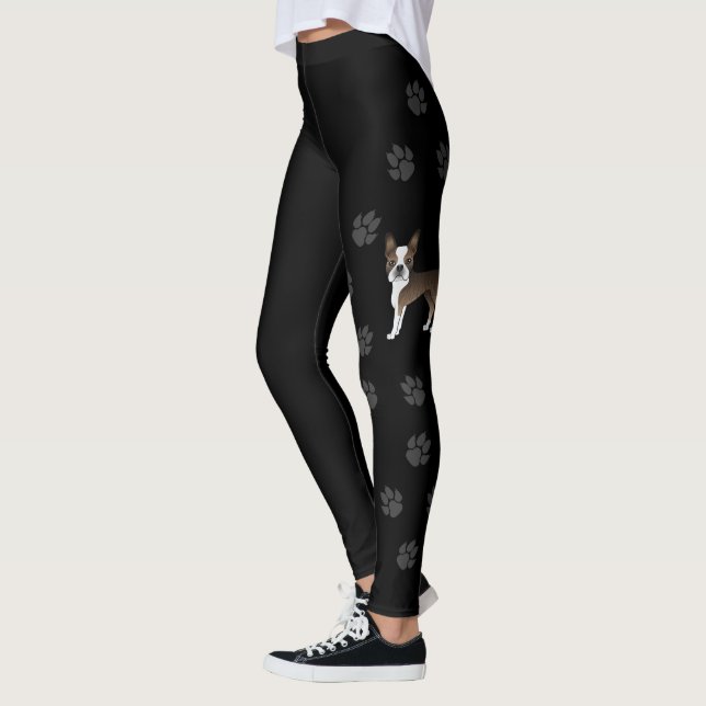Legging Brindle Boston Terrier Cute Cartoon Dog & Paws (Esquerda)