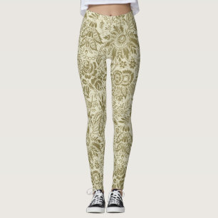 Legging Brocado Botânico Toile Floral Padrão Verde Sálvia