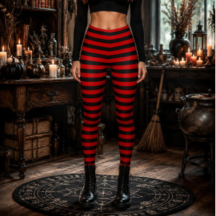 Legging Bruxa Má Listras Vermelhas e Pretas de Halloween