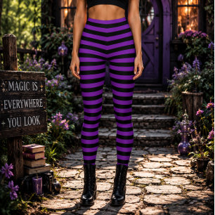 Legging Bruxa Má Roxa e Preta Listrada de Halloween