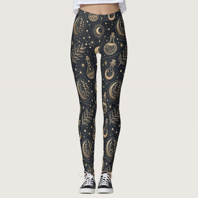 Legging Bruxaria Celestial - Lua Dourada, Garrafas de Poçã (Frente)