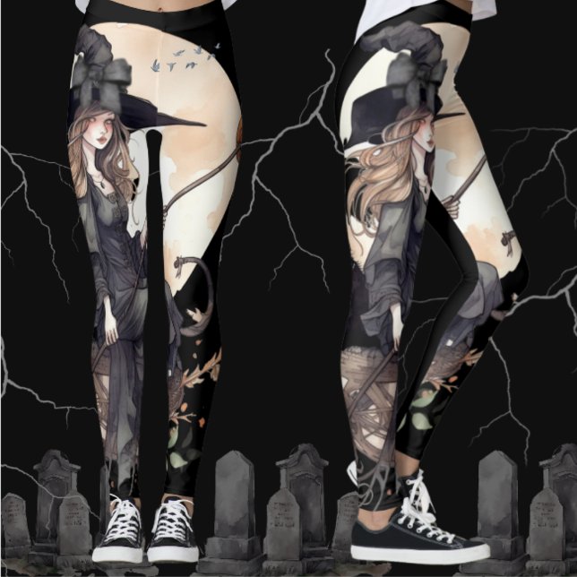 Legging Bruxas e Gatos com Lua de Colheita e Ravens (Cute witchy vibes on leggings for the Halloween holidays and trick or treating.  Great costume too! )