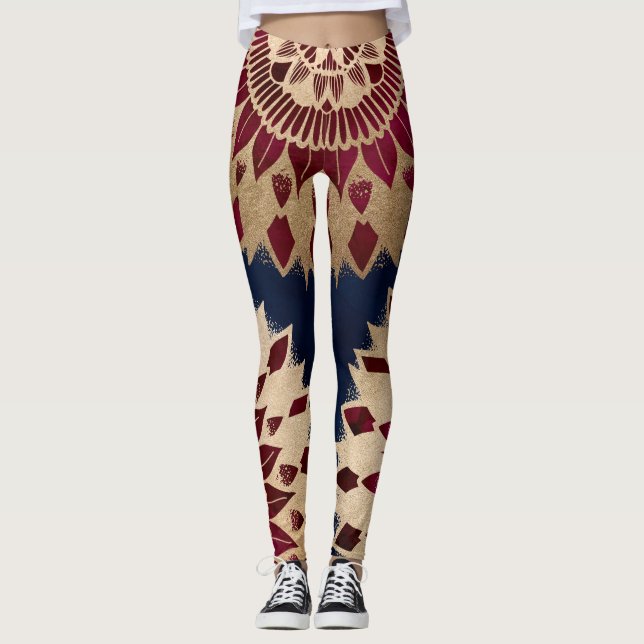 Legging Burgundy, Marinho Dourado boêmico, desenhou Mandal (Frente)