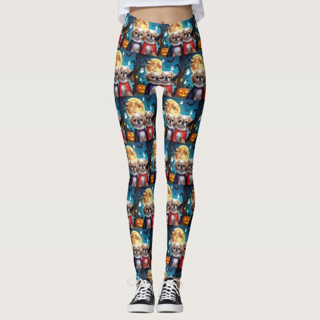 Legging Cachorros Pekingeses Pumpkin Halloween Engraçado (Frente)