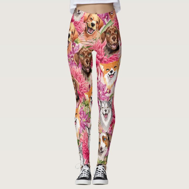 Legging Cães e flores felizes (Frente)