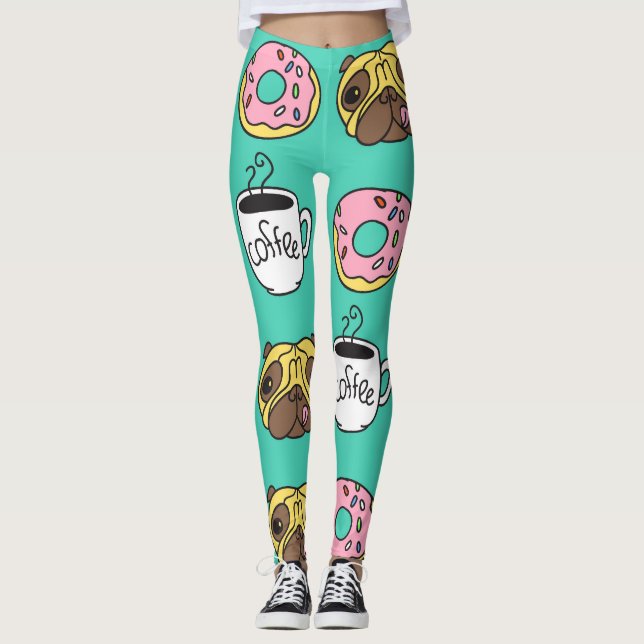 Legging Cães engraçados, rosquinhas, padrão de café. (Frente)