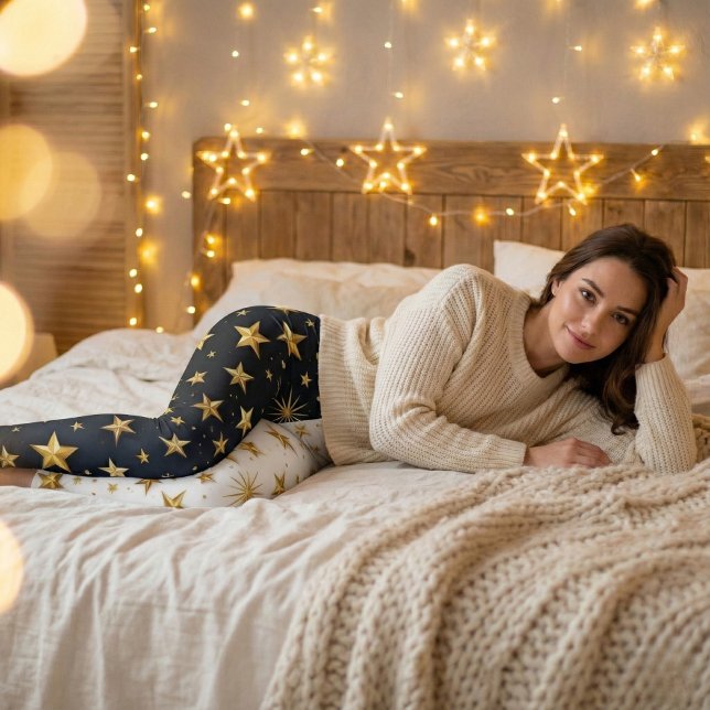 Legging Calças Azul e Branco com Estrelas Douradas Dividid (Criador carregado)