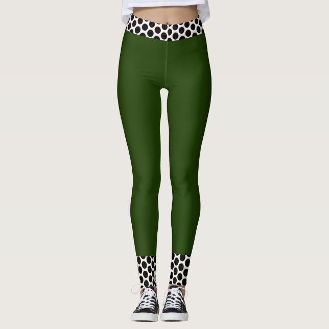 Legging Calças brancas, pretas e verdes, bolinhas (Frente)