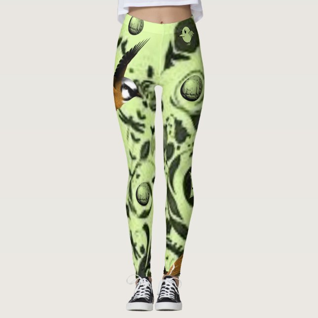 Legging calças compridas de perna verde de pássaro (Frente)