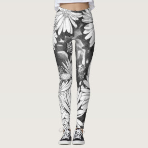 Legging Calças elásticos da arte da flor das caneleiras 