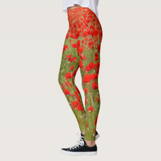 Legging Campo de flores de papoula vermelha amarrado
