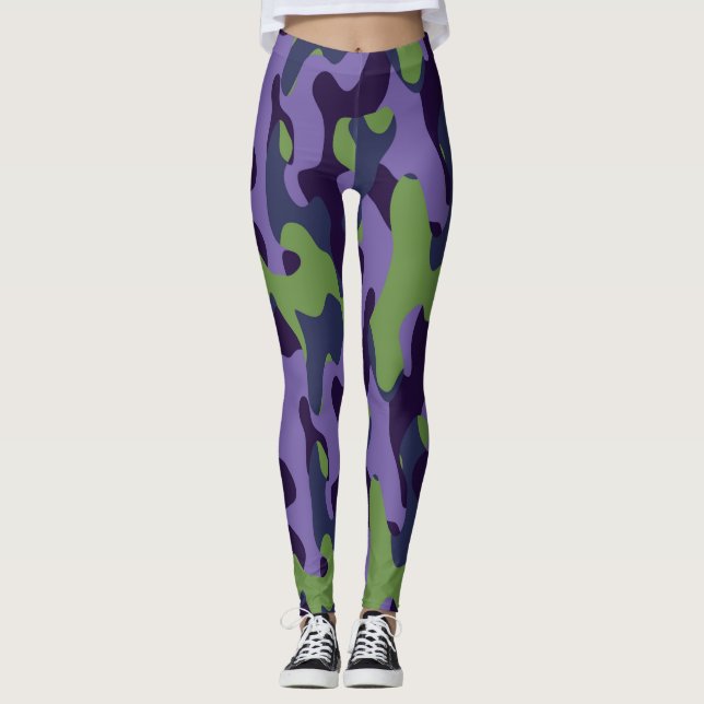 Legging Camuflagem abstrata verde roxo e azul (Frente)