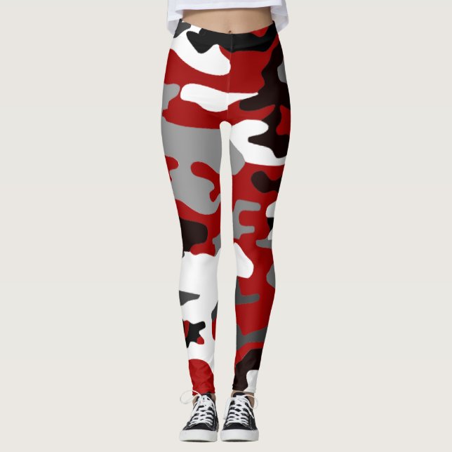 Legging Camuflagem negra, cinza e vermelha, design gráfica (Frente)