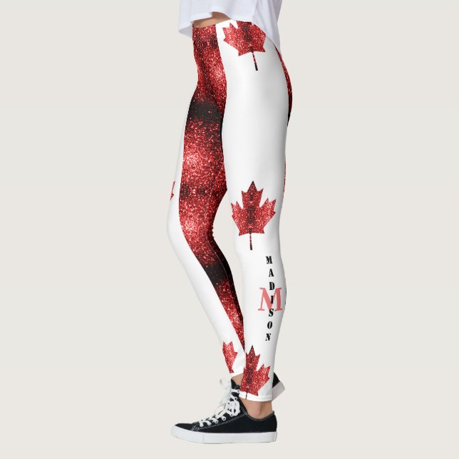 Legging Canadá flag red sparkles, padrão Monograma (Esquerda)
