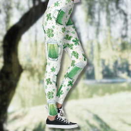 Legging Canecas de Cerveja Verde Elegantes e Trevos Branco