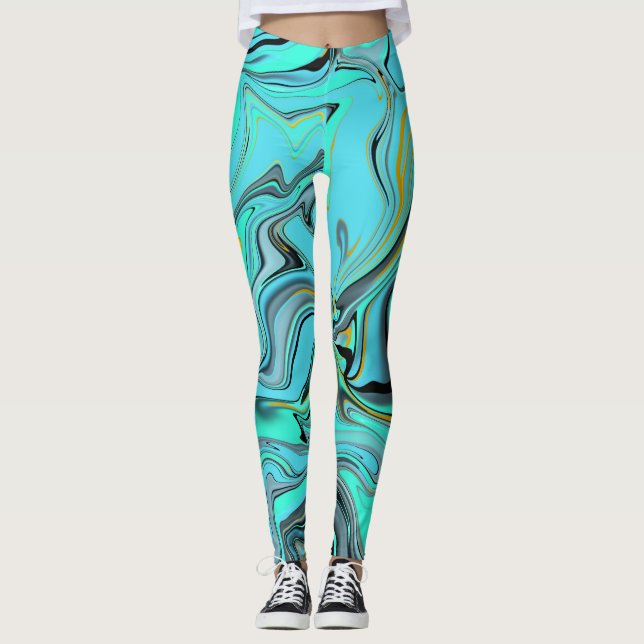 Legging Caneleiras azuis e verdes do abstrato de mármore (Frente)