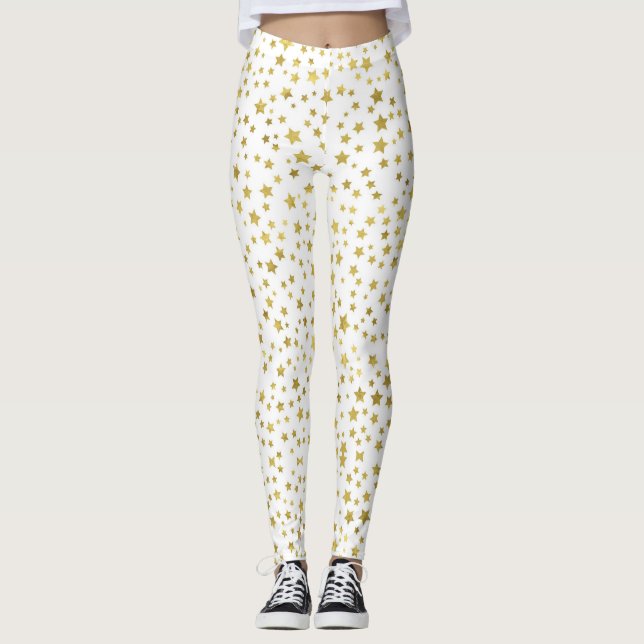 Legging Caneleiras brancas das mulheres com estrelas (Frente)
