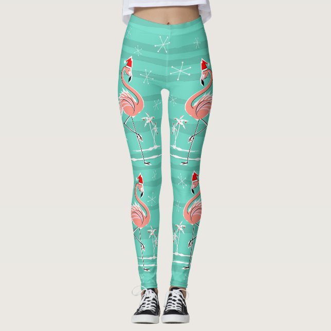 Legging Caneleiras da listra do flamingo do Natal (Frente)