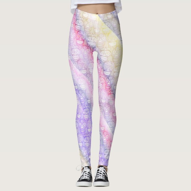 Legging Caneleiras do Pastel dos crânios do açúcar (Frente)