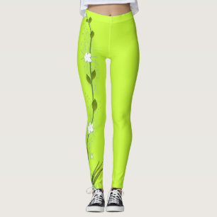 Legging Caneleiras do verde limão com a flor de Vining em