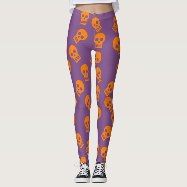 Legging Caneleiras dos confetes do crânio alaranjadas/roxo (Frente)