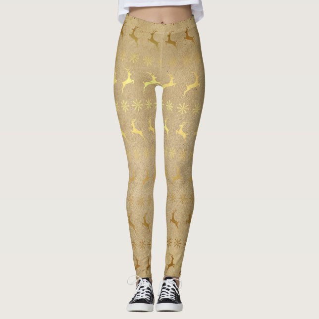 Legging Caneleiras Dourados da rena e dos flocos de neve (Frente)