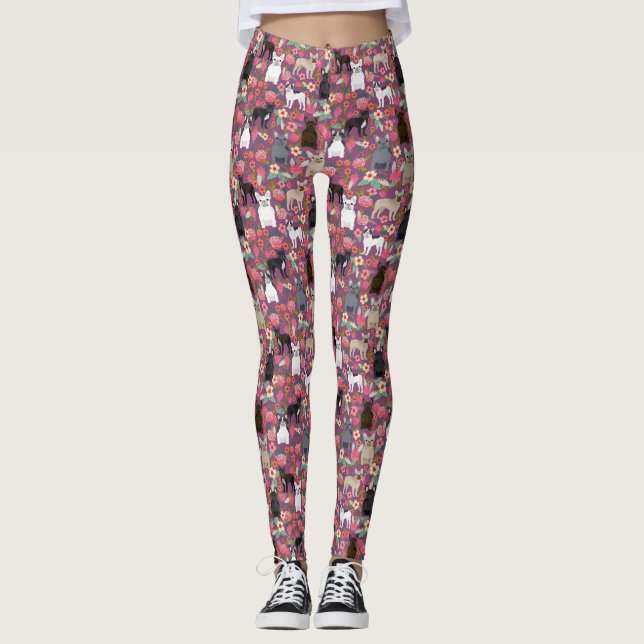Legging Caneleiras florais de Frenchie - buldogue francês (Frente)