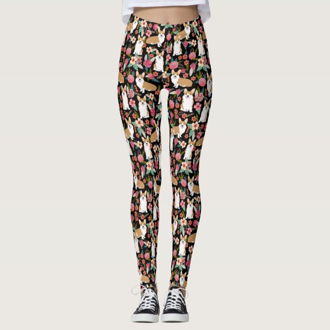 Legging Caneleiras florais do Corgi - preto (Frente)
