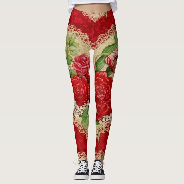 Legging Caneleiras florais românticas do dia dos namorados (Frente)
